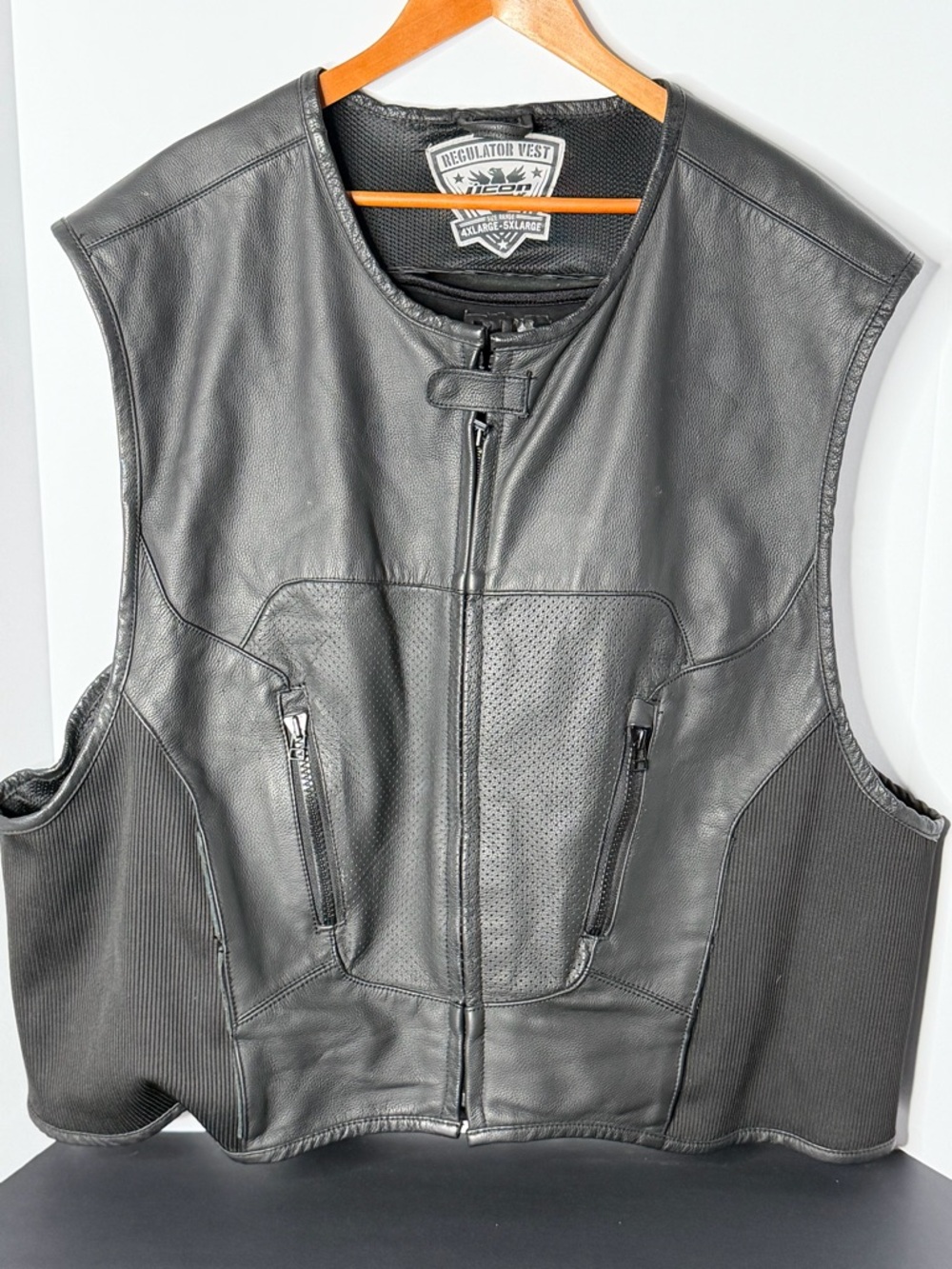 ICON 4x-5x Regulator Black Leather Motorcycle Vest with Back Armor